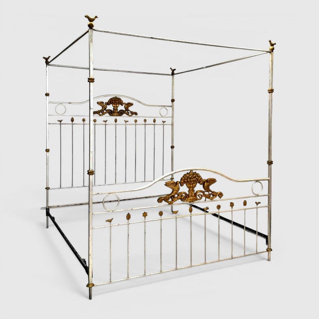 Silver Hollywood Regency King-Size Wrought Iron Canopy Poster Bed With Distressed Silver Finish & Gilt Accents For Sale - Image 8 of 11