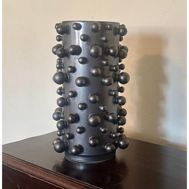 Contemporary Studio a Home Metallic Graphite Studded Ceramic Cylinder Vase For Sale - Image 3 of 4