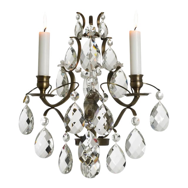 Classic Baroque Antique Brass Wall Sconce With Almond Crystals For Sale