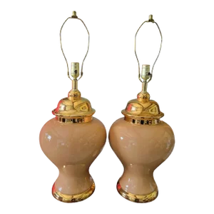 Vintage Glass Peach Gold Ginger Jar Palm Beach Regency Table Lamps- a Pair