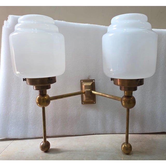 1940s Vintage Art Deco Light Old Lamp Wall Sconces Fixture Brass & Skyscraper Milk Glass Shade Ship Light For Sale - Image 5 of 7