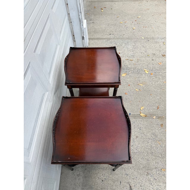 Wood Pair of Vintage Hepplewhite Style Mahogany Side Tables With Pierced Galleries and Lower Shelves For Sale - Image 7 of 12