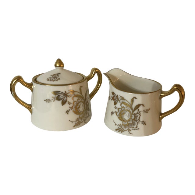 1930s Pickard China “Gold Floral” Sugar Bowl and Creamer - a Pair For Sale