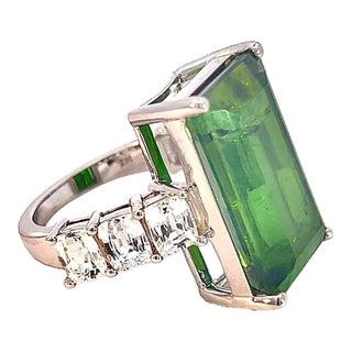 Natural Tourmaline White Sapphire Ring 6.75 14k WG 21.03 TCW Certified For Sale