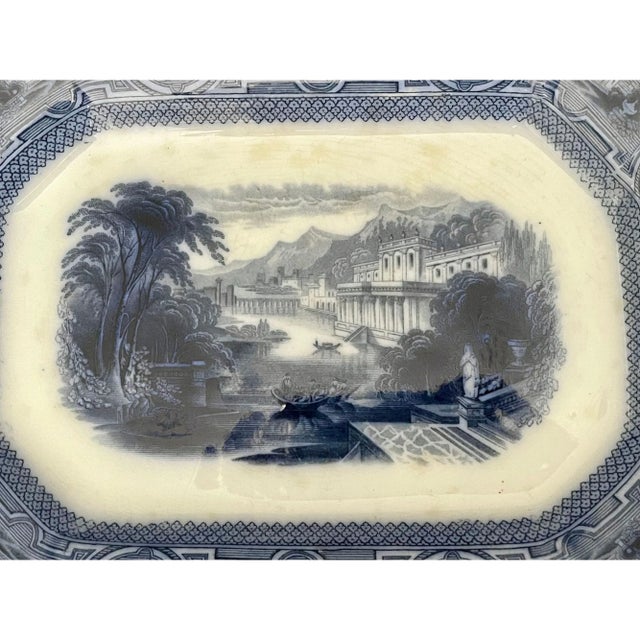 Antique Wedgwood & Co. Pearl Stoneware platter, circa 1875. Features a scalloped cut-corner design with romantic blue...