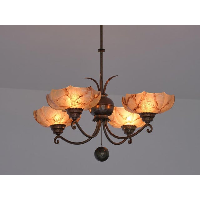 Beige Vintage Swedish Hanging Light in Brass and Marbled Glass, 1927 For Sale - Image 8 of 18
