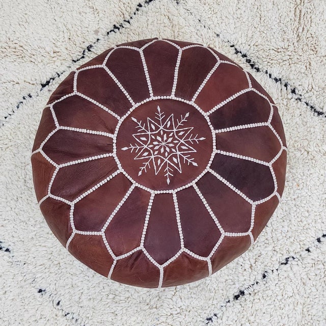 Coffee Authentic Moroccan Pouf – Genuine Leather Ottoman, Handmade Footstool, Unstuffed Floor Cushion, Bohemian Living Room Decor For Sale - Image 8 of 11