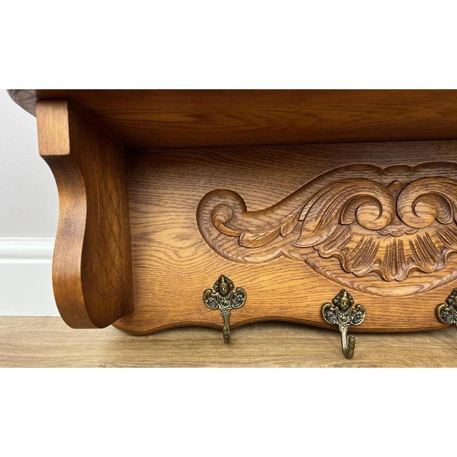 Vintage French Oak Wall-Mounted 4-Hook Coat Rack For Sale - Image 5 of 12