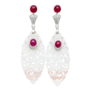 1990s 27.48 Carat Carved Grade a Lavender Jade Drop Earrings With Rubies & Diamonds - 2 Pieces