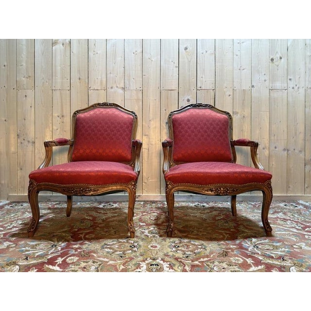 Gold Set of Louis XVI Style Cabriolet Chairs in Red Silk For Sale - Image 8 of 8