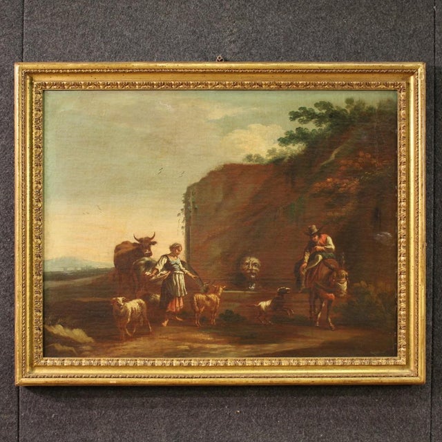 Bucolic Landscape Painting with Figures, Pastoral Scene, 1680, Oil on Canvas For Sale - Image 17 of 17