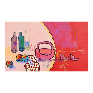 Perfect Picnic - Original Pink Cubist Picnic Still Life Acrylic and Oil Pastel Painting For Sale