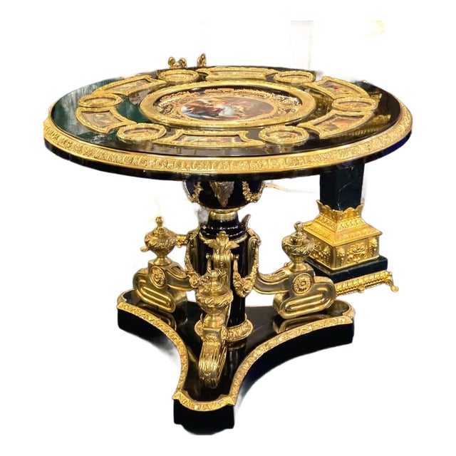 Grand Rococo Style Black Round Dining Table With Gold Leaf Details For Sale