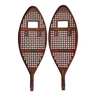 Circa 1940s Stenciled Metal Red Children's Snowshoes, Pr For Sale