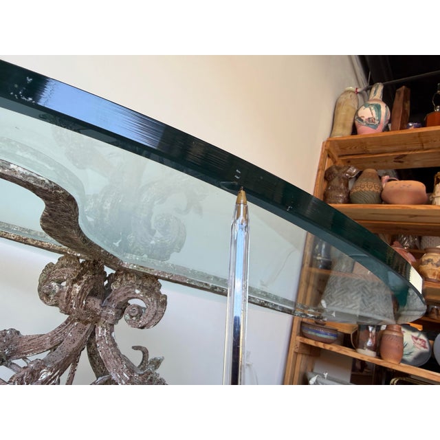 Vintage Wrought Iron & Concrete Pedestal Outdoor Dining Table With Glass Top For Sale - Image 12 of 12
