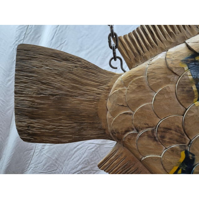 Carved flounder trade sign with lettering for "Boston Fish Market". Details include gills, fins, mouth, snout, eyes, etc....