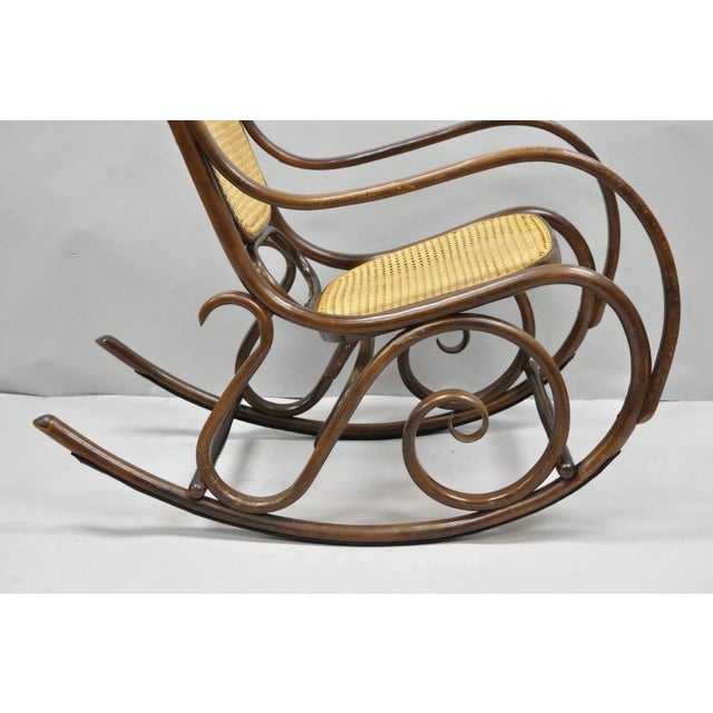 Brown Vintage Mid Century Modern Thonet Style Bentwood & Cane Rocker Rocking Chair (A) For Sale - Image 8 of 18