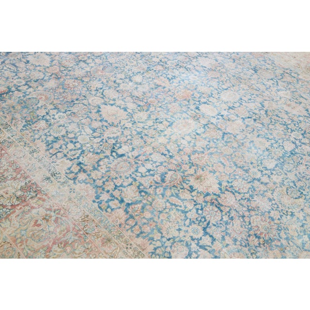 1960s Vintage Kerman Shabby Chic Navy Blue Handmade Floral Wool Rug For Sale - Image 9 of 11