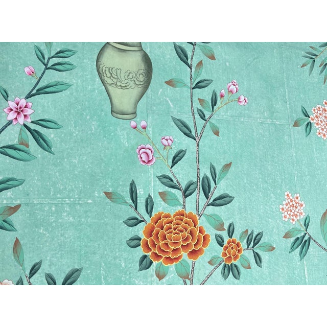 Hand-Painted Chinoiserie Wallpaper Panels – Luxury Green Botanical Bird Mural, Elegant Floral Wall Art, 3 Panels 36x79” For Sale - Image 6 of 6