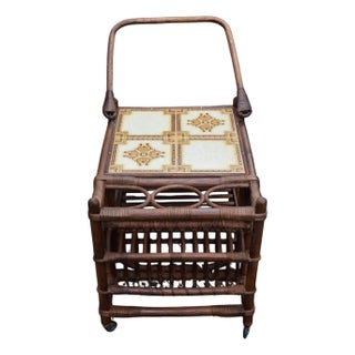 1960s Italian Bamboo & Rattan Tile-Top Drinks Trolley Bar Cart For Sale