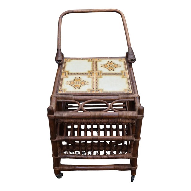 1960s Italian Bamboo & Rattan Tile-Top Drinks Trolley Bar Cart For Sale