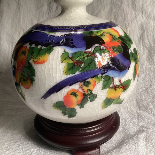 Asian Antique 1980s Tai-Hwa Pottery Bottle Blue Magpie Good Fortune Heavenly Joy For Sale - Image 3 of 12