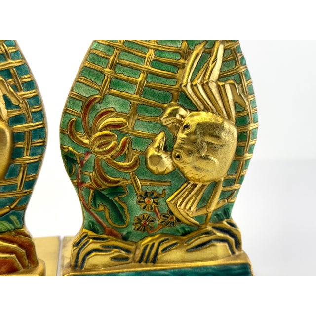 Chinoiserie Vintage Chinoiserie Fish Motif Bookends in Gilt and Jewel-Tone Enamel For Sale - Image 3 of 12