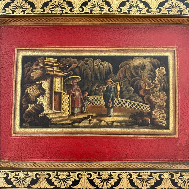 Chinoiserie English Regency Papier Mâché Chinoiserie Tray With Garden Scene For Sale - Image 3 of 5