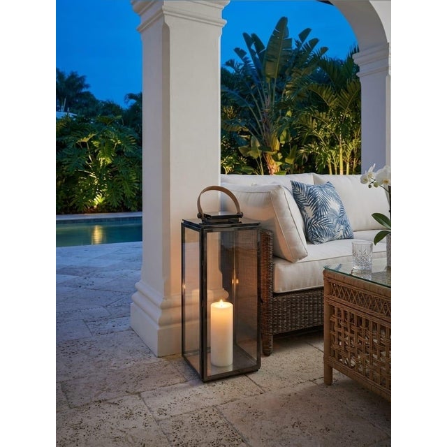 Vintage Modern Polished Gunmetal & Glass Floor Lantern With Tan Leather Handle For Sale - Image 9 of 12