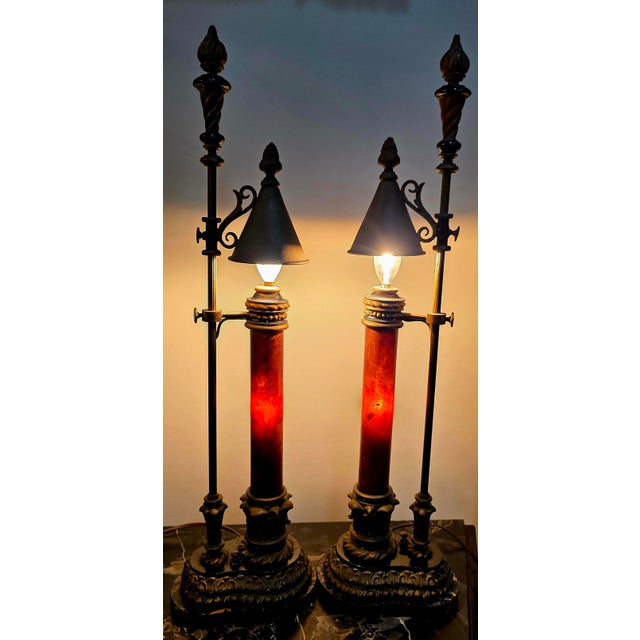 This stunning pair of French Empire Neoclassical style table lamps features an adjustable "student lamp" mechanical...