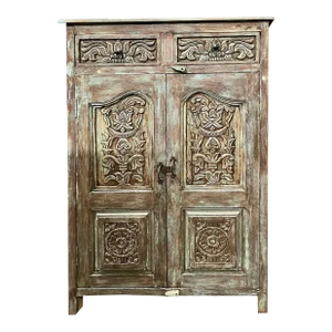 Antique Spanish Style Armoire Carved Storage Bar Cabinet