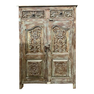 Midcentury Antique Spanish Style Armoire Carved Storage Bar Cabinet For Sale