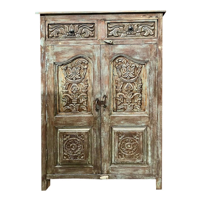 Midcentury Antique Spanish Style Armoire Carved Storage Bar Cabinet For Sale