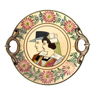 1930 Hb Quimper Hand-Painted Breton Platter With Double Handles, France For Sale