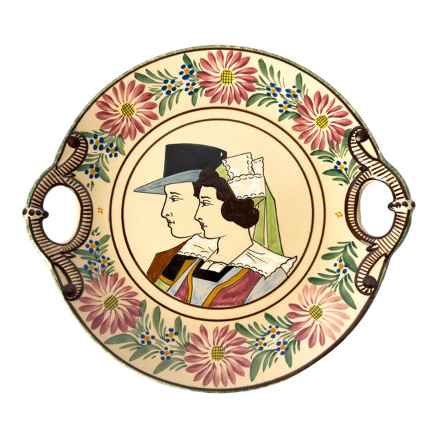 1930 Hb Quimper Hand-Painted Breton Platter With Double Handles, France For Sale