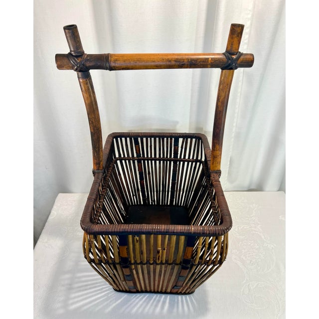 Wood Vintage Boho Chic Burnt Bamboo and Split Reed Basket For Sale - Image 7 of 8