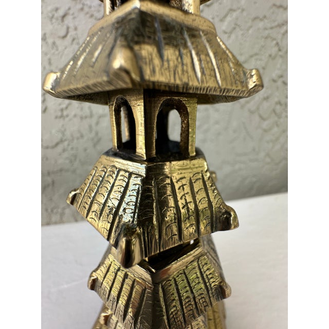 Mid 20th Century Vintage Chinese Brass Pagoda Temple Candlestick With Lotus Flower Bobeche For Sale - Image 5 of 12