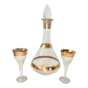 Mid Century Modern Gold Band Liquor Wine Cordials & Decanter Set- 3 Pieces