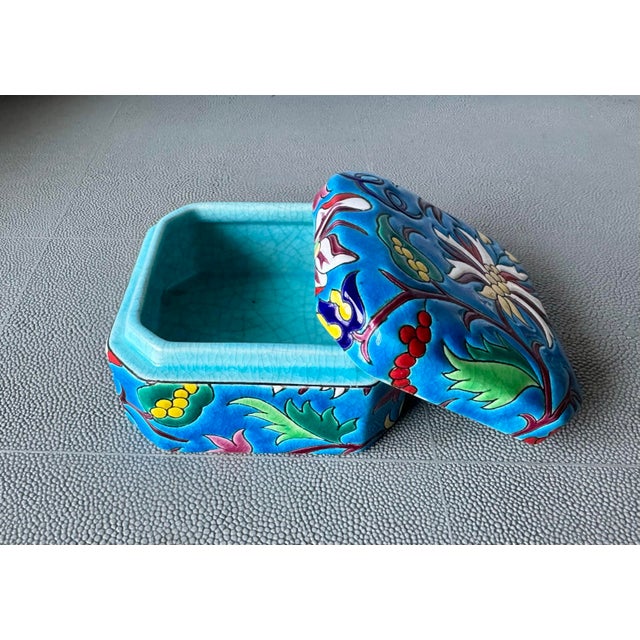 Gorgeous, antique octagon-shaped ceramic box by Émaux de Longwy, France. Hand-decorated in their beautiful cloisonné style...