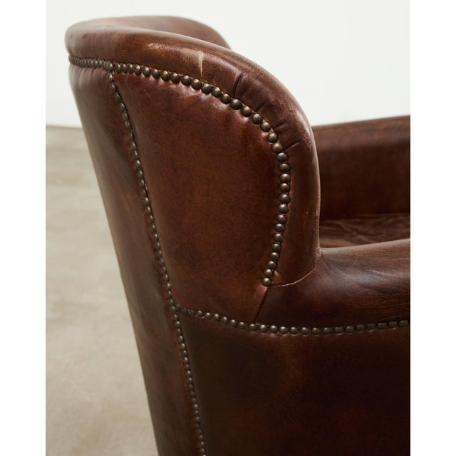 French Art Deco Style Cigar Leather Wing Back Club Chair For Sale - Image 9 of 17
