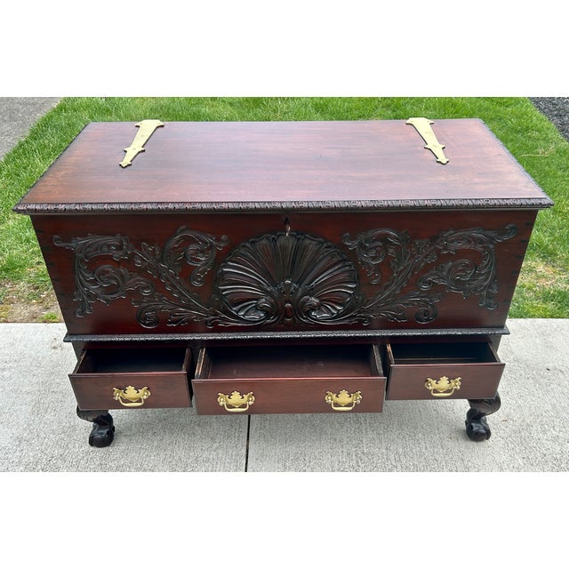 Brown Antique Solid Mahogany Shell Carved Claw Foot Centennial Blanket Chest For Sale - Image 8 of 17