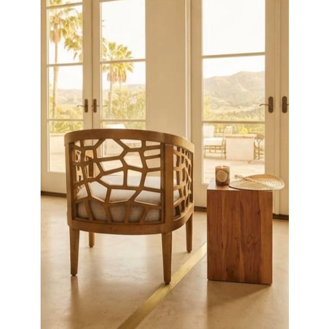 Wood Mid-Century Modern Organic Lattice Teak Barrel Chair With Linen Cushion For Sale - Image 7 of 12