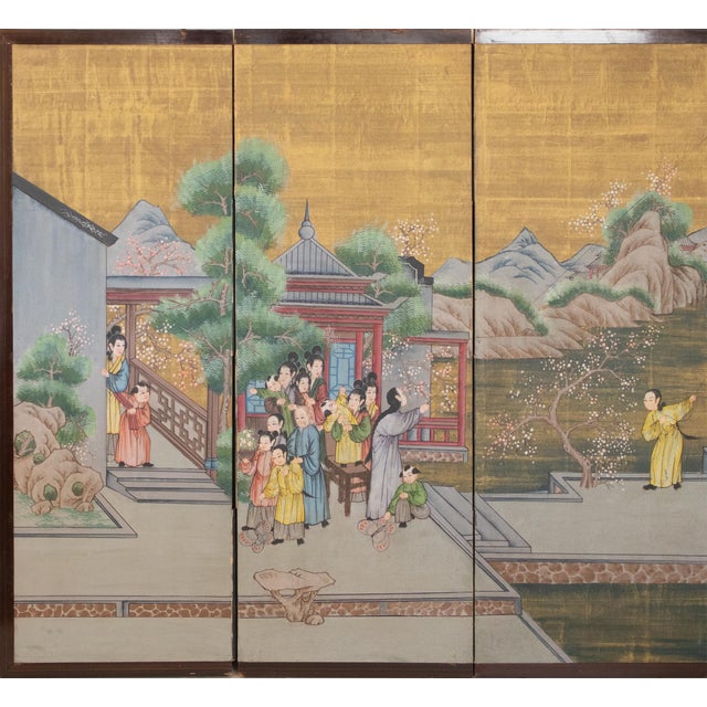 Beautiful vintage Chinese painted folding screen depicting scene with buildings, pine trees and blossoming cherry trees,...