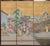 Beautiful vintage Chinese painted folding screen depicting scene with buildings, pine trees and blossoming cherry trees,...