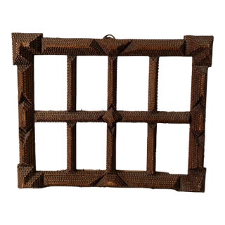 Antique Tramp Art Photo Frame, Folk Art Wooden Picture Frame, Black Forest Style Cabinet Card Holder, Rustic Wall Display For Sale