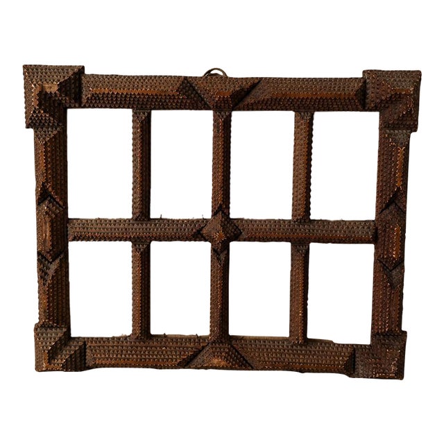 Antique Tramp Art Photo Frame, Folk Art Wooden Picture Frame, Black Forest Style Cabinet Card Holder, Rustic Wall Display For Sale