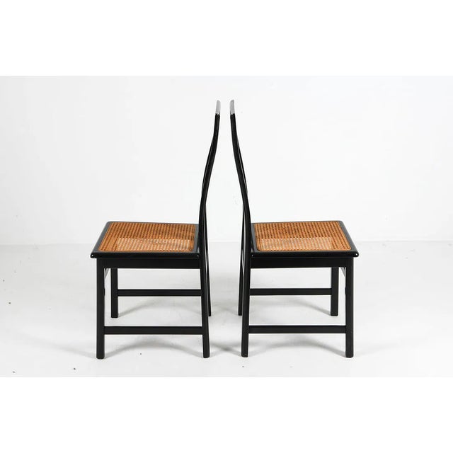 Mid-Century Modern 1970s Italian Black Lacquered Cane Seat Dining Chairs in Manner of Motina, Set of Eight For Sale - Image 3 of 8