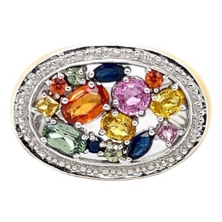 Multicolor Sapphire & Yellow Enamel 14k White Gold Top Ring - Size 6.5 For Sale