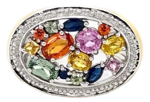 Multicolor Sapphire & Yellow Enamel 14k White Gold Top Ring - Size 6.5
