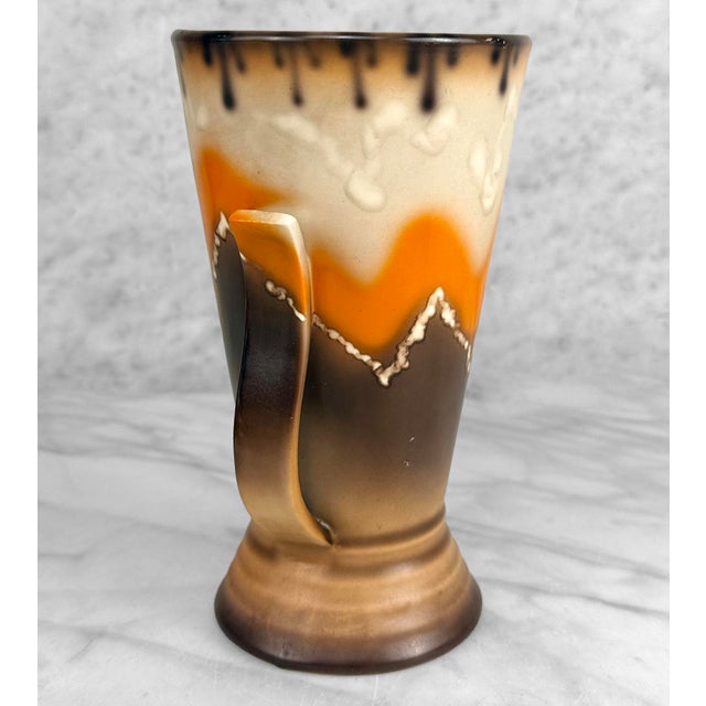 Mid-Century Modern Mid-Century Art Deco Czech Pottery Orange Brown Mountain Glazed Vase For Sale - Image 3 of 9